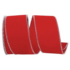 2.5 Inch Red Velvet Wired Ribbon, Metallic Silver Edges, 10 Yards Spool (1 Spool) SALE ITEM